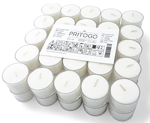 PRITOGO Teelichter Kunststoffhülle, weiss Ø 3,8 * 2,5 cm, Rußfrei, Brenndauer: 8 Stunden (100 Stück), Unparfümierte von Pritogo