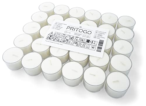 PRITOGO Teelichter Kunststoffhülle, weiss Ø 3,8 * 2,5 cm, Rußfrei, Brenndauer: 8 Stunden (30 Stück) Unparfümierte von Pritogo