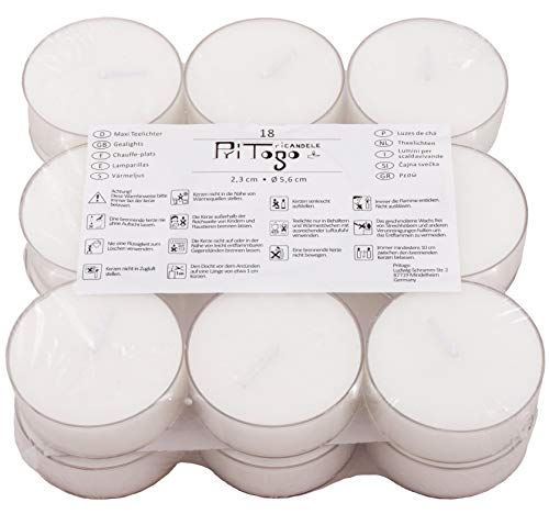 Pritogo Maxi Teelichter (36 Stück) Kunststoffhülle Brenndauer: 5 Std. XXL Ø 5,8 * 2,2 cm Jumbo Teelichte Plastikschale unbeduftet von Pritogo