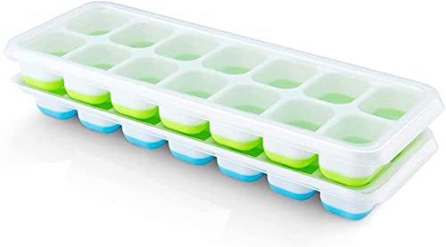 Silikon Eiswürfelform mit Deckel (2 Stück) 14-fach Silikon Eiswürfelbehälter LFGB Zertifiziert & BPA-Frei Grün/Blau Stapelbar Ice Cube von Pritogo