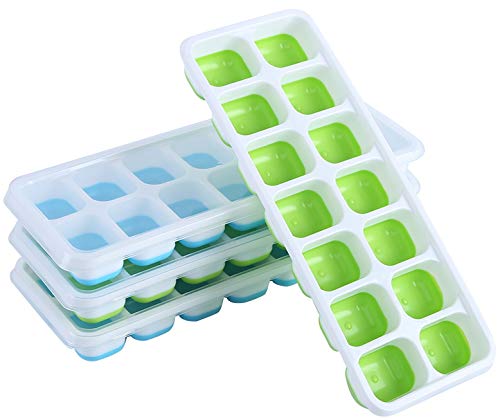 Silikon Eiswürfelform mit Deckel (4 Stück) 14-fach Silikon Eiswürfelbehälter LFGB Zertifiziert & BPA-Frei Grün/Blau Stapelbar Ice Cube von Pritogo