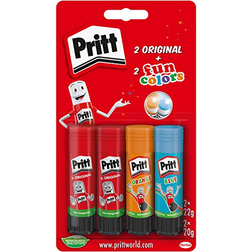 Pritt Klebestift, sicherer und kinderfreundlicher Kleber für Kunst und Bastelarbeiten, starker Klebstoff für Schule & Bürobedarf, 2x22g original und 2 x 20g bunte Pritt Stifte (blau, orange), 9H PTFCS von Pritt