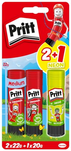 Pritt Klebestift Design-Motiv Set, sicherer und kinderfreundlicher Kleber für Kunst und Bastelarbeiten, starker Klebstoff für die Schule, 2x22g original und 1 x 20g bunter Pritt Stift, 9H PBS2B von Pritt