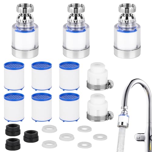 Prmape 11 Stück Wasserhahn Filter Set, 3pcs 360° Wasserfilter Wasserhahn mit 6pcs PP-Baumwollfilterelement mit 2pcs Universaladapter, Wasserhahnfilter für Trinkwasser für Küche Badezimmer von Prmape