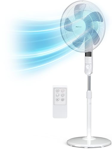 Pro Breeze 40 cm Standventilator mit Fernbedienung und LED Display, 80° Oszillation Ventilator mit 3 Geschwindigkeitsstufen, Nachtmodus & 7.5 Timer, 55W Motor und höhenverstellbar 115-135 cm, Weiß von Pro Breeze