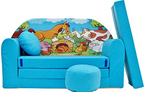 Pro Cosmo Kinder Sofabett + Gratis Polsterhocker und Kissen Kindermöbel Set - B5 Blau von Pro Cosmo
