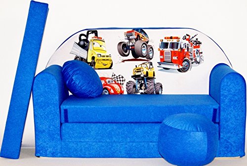 Pro Cosmo umwandelbares Kindersofa – perfekt zum Spielen und Schlafen – mit Abnehmbarer Matratze, Kissen und Pouf – 98x168x59 cm – leicht und einfach zusammenklappbar - C14 Blau - LKWs von Pro Cosmo