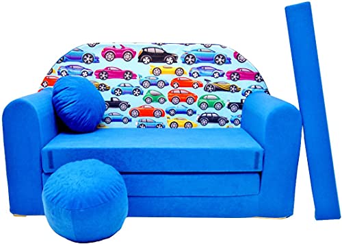 Pro Cosmo umwandelbares Kindersofa – perfekt zum Spielen und Schlafen – mit Abnehmbarer Matratze, Kissen und Pouf – 98x168x59 cm – leicht und einfach zusammenklappbar - C21 Balu - Autos von Pro Cosmo