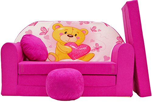 Pro Cosmo umwandelbares Kindersofa – perfekt zum Spielen und Schlafen – mit Abnehmbarer Matratze, Kissen und Pouf – 98x168x59 cm – leicht und einfach zusammenklappbar - H3 Rosa - Teddybär mit Herz von Pro Cosmo