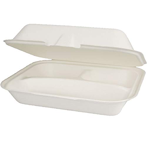 200 Bio Menüboxen Außerhaus Mitnahme Klappboxen Premium 3-geteilt Bagasse Zuckerrohr kompostierbar 24x20x8cm (HP4 Maß) - Inkl. Lizenz gemäß VerpG in D von Pro DP
