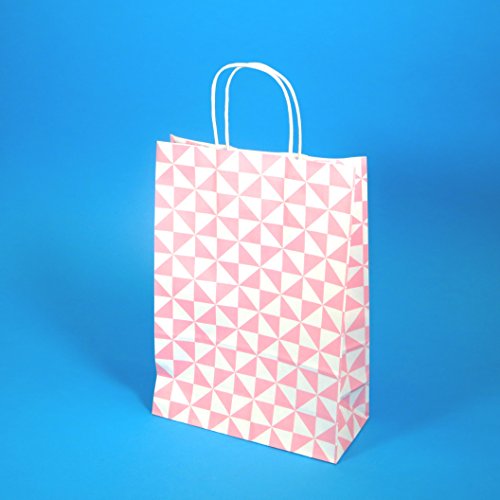 250 Pro DP Kordel Papiertragetaschen Papiertüten Einkaufstüten Papier 22+10x31cm mit modernem "Trigon Rosé" Neutralmotiv Weiß mit rosa Dreiecke 80g/m² mit Papierkordel Henkel von Pro DP