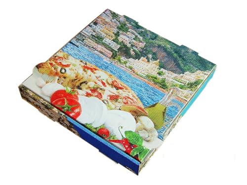 Pro DP 100 Pizzakartons Pizzaboxen Pizzaschachteln mit Mittelmeer Motiv 4cm hoch Kraftkarton recycelbar versch. Größen (33x33x4cm) von Pro DP