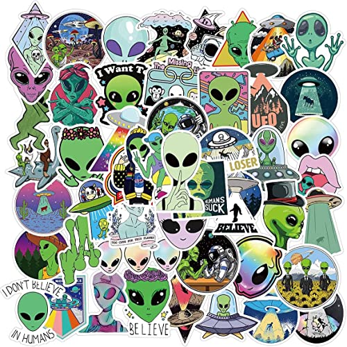 Alien Aufkleber, 50 Pcs Cool UFO Mysteriöse Vinyl wasserdichte Aufkleber Pack Perfekt für Laptop, Wasserflasche, Gepäck, Telefon, Koffer DIY Dekorationen für Kinder Teens Erwachsene (Alien-UFO) von Pro-Noke