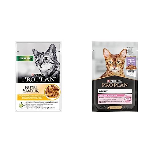 PURINA PRO PLAN STERILISED NUTRISAVOUR Katzenfutter nass für kastrierte Katzen, mit Huhn, 26er Pack & PURINA PRO PLAN Delicate NUTRISAVOUR Katzenfutter nass mit Truthahn, 26er Pack von Pro Plan