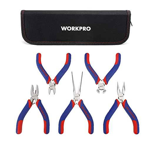 WORKPRO Mini-Zangen-Set, Schmuckzangen, 5-teilig, inkl. Linesman-Zange, Spitzzange, Seitenschneider, Spitzzange mit Organizer-Tasche von WORKPRO