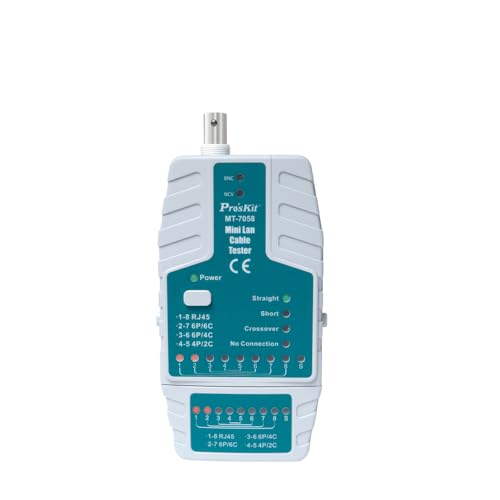 Pro'sKit MT-7058 Mini Lan Kabel Tester RJ45, RJ-11/RJ-12, BNC Kabeltester, Spannungsdetektor Compact & Lightweight One Touch Testing Berührungsfreier Detektor (MT-7058) von Pro'sKit