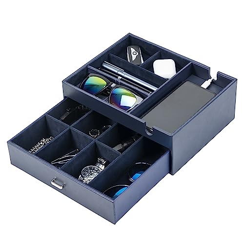 ProCase Doppellagiges Ablage Tablett PU-Leder Schreibtisch Organizer mit 2 Ebenen Kunstleder Büro Aufbewahrungsbox Schreibtisch Ordnungssystem für Handy Uhr Schlüssel Geldbeutel -Dunkelblau von ProCase