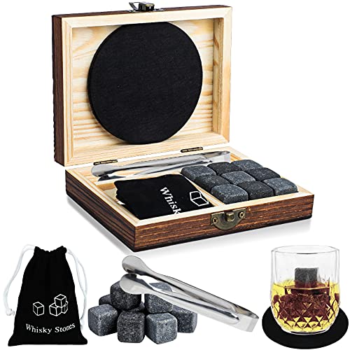 ProChosen Whisky Steine Set, 9 Eiswürfel wiederverwendbar aus Basalt mit Samtbeutel, hochwertiger Holzbox und Edelstahl Zange und 2 Untersetzer für Whiskey, Wodka, Gin & Mehr(Schwarz) von ProChosen