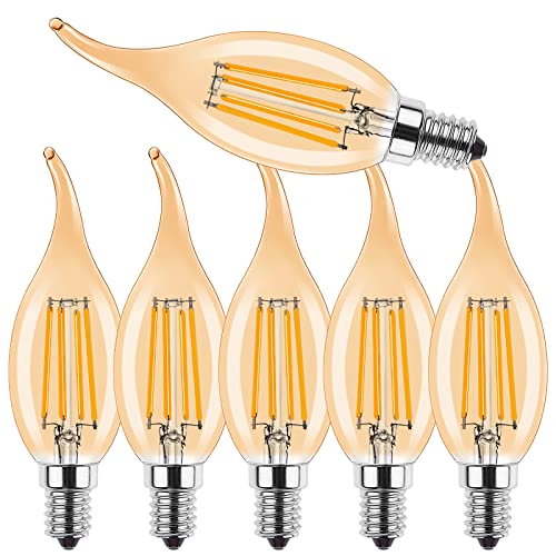 ProCrus E14 LED Dimmbar Kerze Vintage Lampe 4W Kerzenform für Kronleuchter,C35 Filament Kerzen LED Glühbirne,2700K Warmweiß Kerzenbirnen,Ersetzt 40 Watt,400LM,Dimmbar,Amber,6er Pack,Energieklasse F von ProCrus