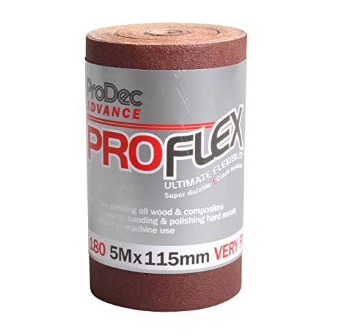 ProDec Advance 5-m-Rolle, Körnung 180, sehr feine, ProFlex, ultraflexibles, rissbeständiges Aluminiumoxid-Schleifpapier zum Schleifen von Holz, Farbe, Putz, Spachtelmasse, Metall und mehr von ProDec Advance