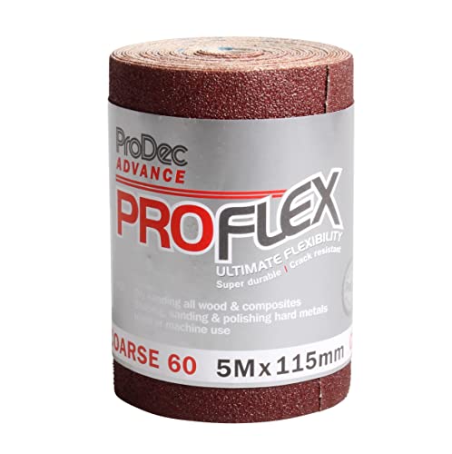 ProDec Advance 5-m-Rolle, Körnung 60, grob, ProFlex, ultraflexibles, rissbeständiges Aluminiumoxid-Schleifpapier zum Schleifen von Holz, Farbe, Putz, Spachtelmasse, Metall und mehr von ProDec Advance