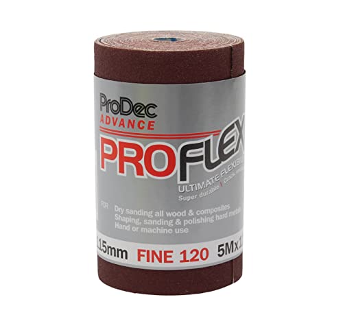 ProDec Advance 5-m-Rolle, Körnung 120, feine, ProFlex, ultraflexibles, rissbeständiges Aluminiumoxid-Schleifpapier zum Schleifen von Holz, Farbe, Putz, Spachtelmasse, Metall und mehr von ProDec Advance
