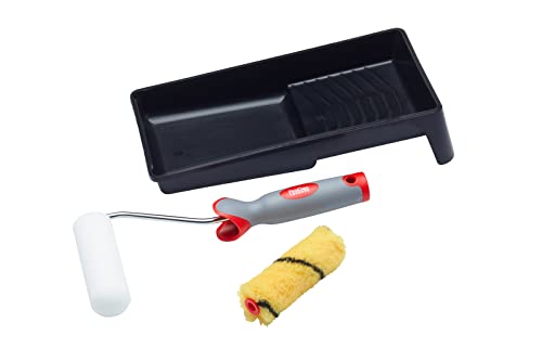 ProDec 4-teiliges 100-mm-Mini-Farbroller-Set, Dispersions- und Glanzfarbe, Rahmen, weicher Griff, Schale für glatte Oberfläche, Dispersions-, Glanz-, Satinfarben, Innenwände, Decken, Holz und Metall von ProDec