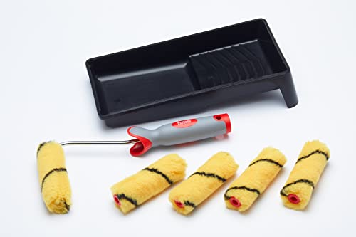 ProDec 7-teiliges Set aus gewebten 100-mm-Mini-Farbrollen, Rahmen mit weichem Griff und Schale, für eine glatte Oberfläche mit Dispersionsfarben auf Innenwänden und Decken von ProDec