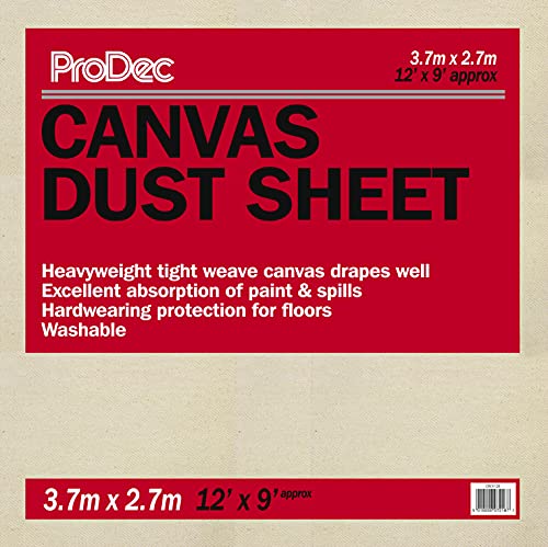 ProDec 3,6 m x 2,7 m schweres Baumwoll-Staubschutztuch zum Malen, Dekorieren, Abdecken von Böden/Möbeln, absorbiert Flüssigkeiten, kein Durchweichen, für Heimwerker/Profis, wiederverwendbar von ProDec