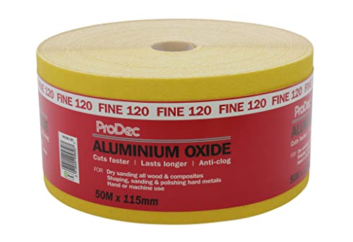 ProDec 50 m Rolle, feine, gelbes Aluminiumoxid-Schleifpapier mit Körnung 120 zum Schleifen von Holz, Farbe, Putz, Spachtelmasse, Metall & mehr; Schleifpapier, kompatibel mit Maschinenschleifern von ProDec