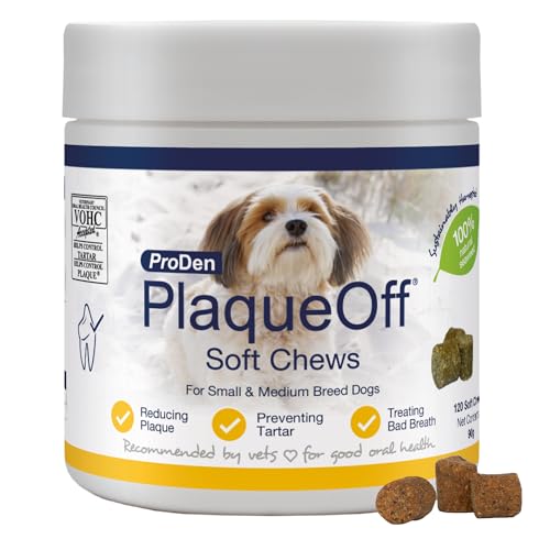 ProDen PlaqueOff Soft Chews für Zahnpflege Hund, Dose mit 120 Leckerli, Natürlicher Zahnsteinentferner, für kleine und mittelgroße Hunde, Mundgeruch und Zahnbelag entfernen von ProDen PlaqueOff