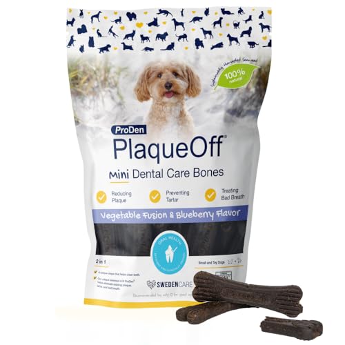 ProDen PlaqueOff Mini Bones für Zahnreinigung Hund, Pack mit 20 Knochen, Zahnstein entfernen, für kleine Hunde, Dental Knochen bei Plaque und Mundgeruch, Blaubeere & Gemüse von ProDen PlaqueOff