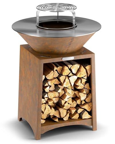 ProTermo Feuerschale mit Plancha aus 5mm Edelstahl, 2mm Cortenstahl, 75x75x102cm, Wetterfest Inkl. Lagerraum für Brennholz von ProTermo