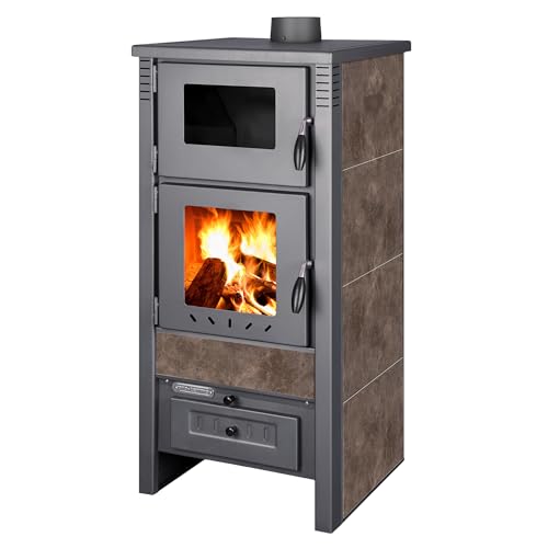 ProTermo Taurus Mokka Kaminofen mit Backfach – 12kW Heizleistung - Holzofen mit Schamottstein 52 x 50 x 107cm 2 Sichtfenster Werkstattofen - Bauart 1 von ProTermo