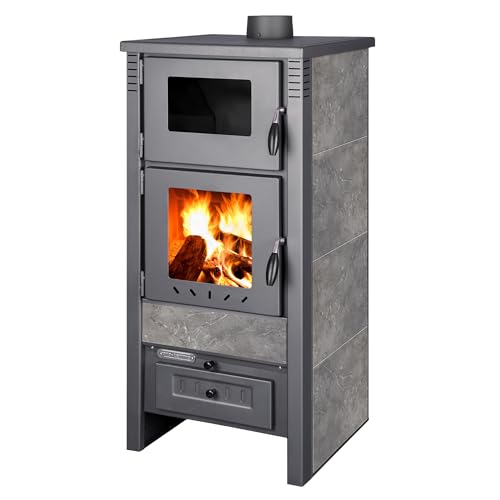 ProTermo Taurus Schwarz/Antrazit Kaminofen mit Backfach – 12kW Heizleistung - Holzofen mit Schamottstein Energieeffizienzklasse A 52 x 50 x 107cm 2 Sichtfenster von ProTermo