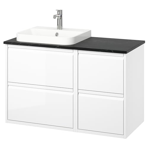 BACKSJÖN/ÄNGSJÖN Waschtisch/Waschtisch/Wasserhahn, 102x49x71cm, Hochglanz Weiß/Schwarz Marmor Effekt von ProTuning