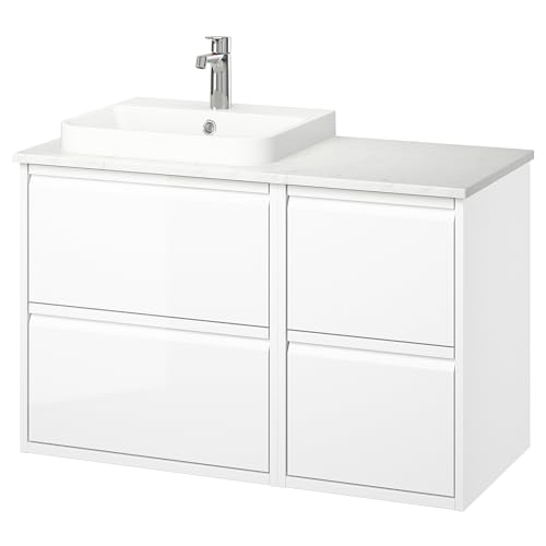 BACKSJÖN/ÄNGSJÖN Waschtisch/Waschtisch/Wasserhahn, 102x49x71cm, Hochglanz Weiß/Weiß Marmoreffekt von ProTuning