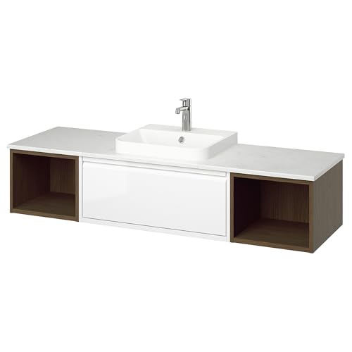 ProTuning BACKSJÖN/ÄNGSJÖN Waschtisch/Armaturen, Hochglanz Weiß/Braun Eichenoptik/Weiß Marmoreffekt, 162x49x41cm von ProTuning