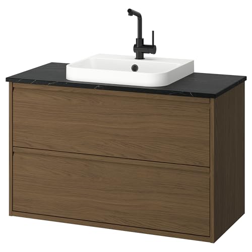 ProTuning BACKSJÖN/ÄNGSJÖN Waschtisch/Waschbecken/Wasserhahn, braune Eichenoptik/schwarzer Marmoreffekt, 102x49x71 cm von ProTuning