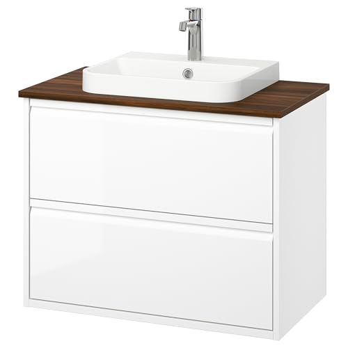 ProTuning BACKSJÖN/ÄNGSJÖN Waschtisch/Waschtisch/Wasserhahn, Hochglanz Weiß/Braun Walnuss-Effekt, 82x49x71cm von ProTuning