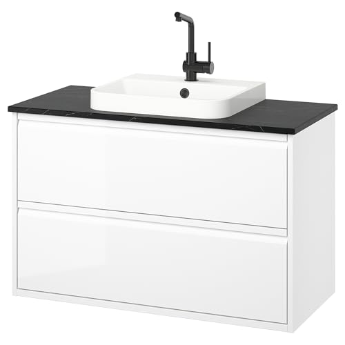 ProTuning BACKSJÖN/ÄNGSJÖN Waschtisch/Waschtisch/Wasserhahn, Hochglanz Weiß/Schwarz Marmoreffekt, 102x49x71cm von ProTuning