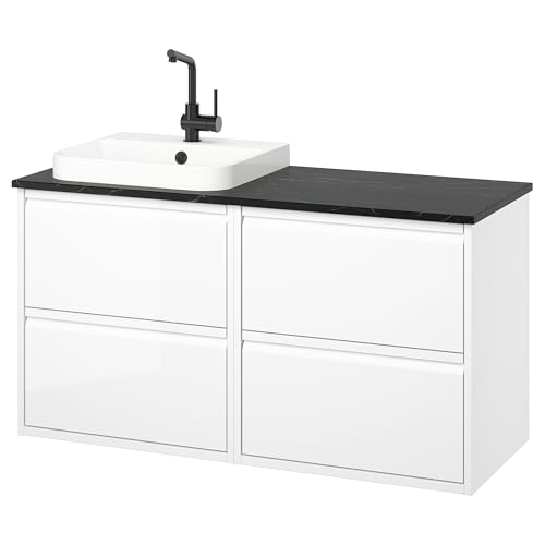 ProTuning BACKSJÖN/ÄNGSJÖN Waschtisch/Waschtisch/Wasserhahn, Hochglanz Weiß/Schwarz Marmoreffekt, 122x49x71cm von ProTuning