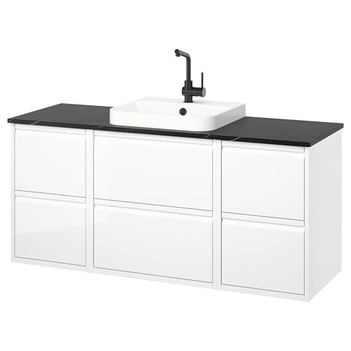 ProTuning BACKSJÖN/ÄNGSJÖN Waschtisch/Waschtisch/Wasserhahn, Hochglanz Weiß/Schwarz Marmoreffekt, 142x49x71cm von ProTuning