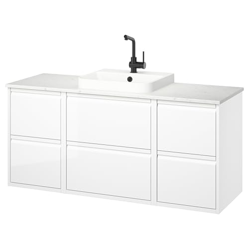 ProTuning BACKSJÖN/ÄNGSJÖN Waschtisch/Waschtisch/Wasserhahn, Hochglanz Weiß/Weiß Marmoreffekt, 142x49x71cm von ProTuning