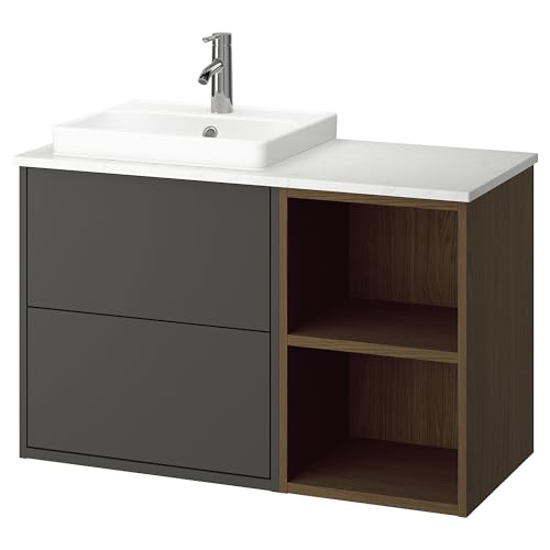 ProTuning HAVBÄCK/ORRSJÖN Waschtisch/Waschtisch/Wasserhahn, Dunkelgrau/Braun Eichenoptik/Weiß Marmoreffekt, 102x49x71cm von ProTuning