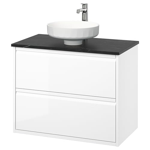 ProTuning LERSJÖN/ÄNGSJÖN Waschtisch/Waschtisch/Wasserhahn, Hochglanz Weiß/Schwarz Marmor Effekt, 82x49x79cm von ProTuning