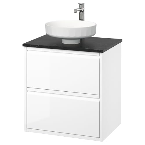 ProTuning LERSJÖN/ÄNGSJÖN Waschtisch/Waschtisch/Wasserhahn, Hochglanz-weiß/schwarzer Marmoreffekt, 62x49x79cm von ProTuning