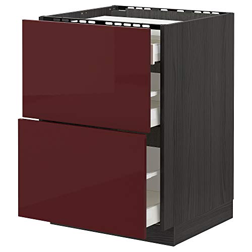 ProTuning METOD/MAXIMERA Base Cab F Kochfeld/2 Fronten/3 Schubladen, 60x60 cm, Schwarz Kallarp/Hochglanz Dunkelrotbraun von ProTuning