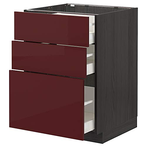 ProTuning METOD/MAXIMERA Unterschrank mit 3 Schubladen, 60x60 cm, Schwarz Kallarp/Hochglanz Dunkelrotbraun von ProTuning