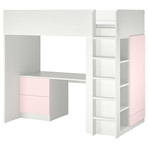 ProTuning SMÅSTAD Hochbett 90x200 cm Weiß Blassrosa / mit Schreibtisch mit 3 Schubladen von ProTuning